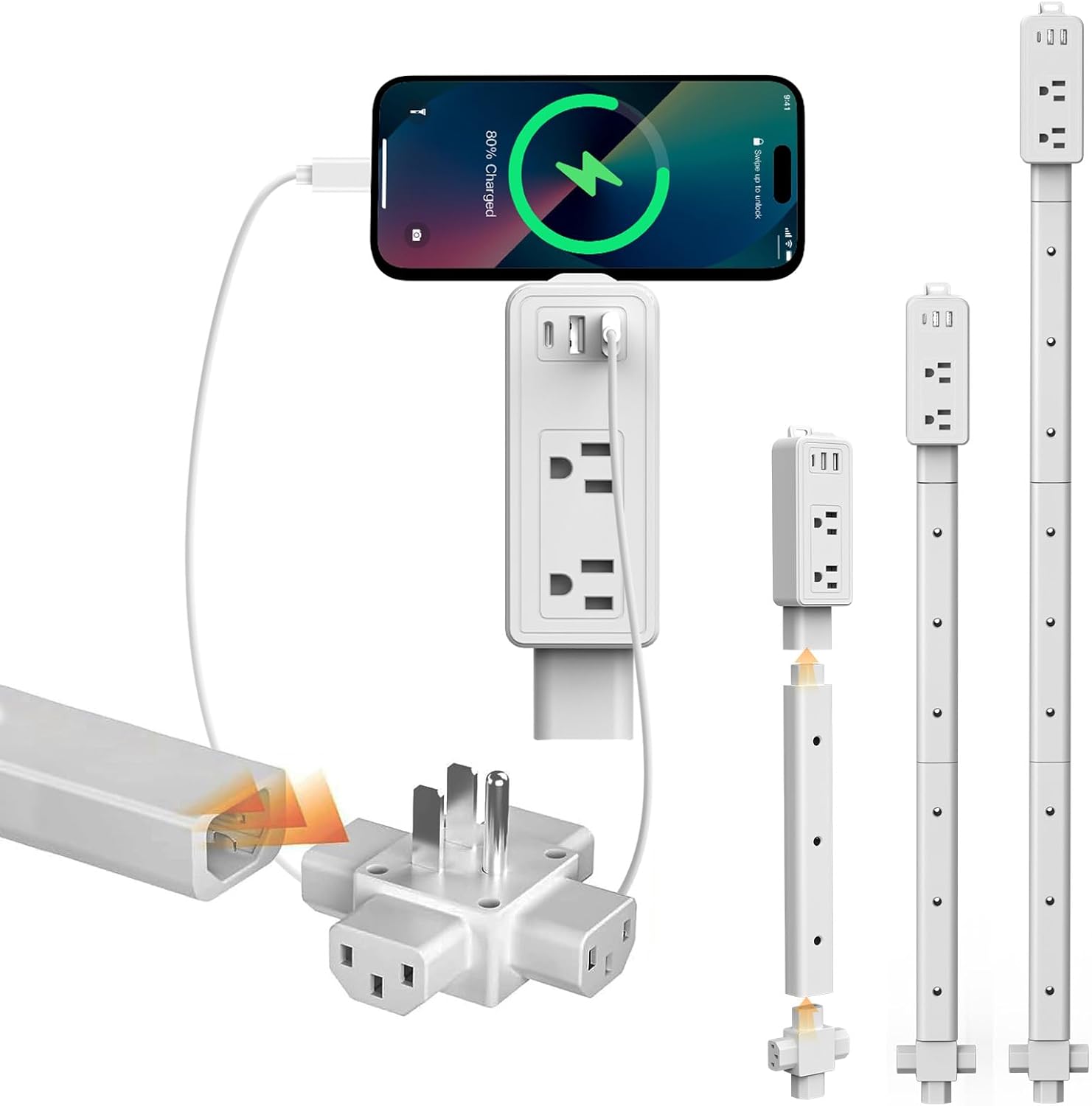 Wall Outlet Extender Stick & Electrical Plug Extension Outlet, Adjustable 8"-36" Wall Plug Extender, Multi Plug with USB C & A, 2 AC, 360° Access for Hard-to-Reach Outlets Behind Furniture Sofa Desk