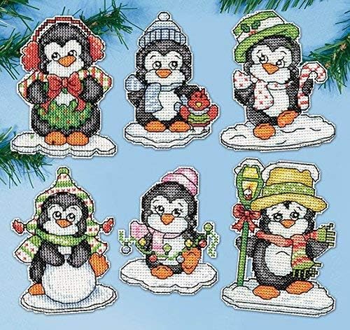 Design Works Penguin PC Ornaments, Canvas,Cotton,Plastic, 3.5" 14 Count Set of 6