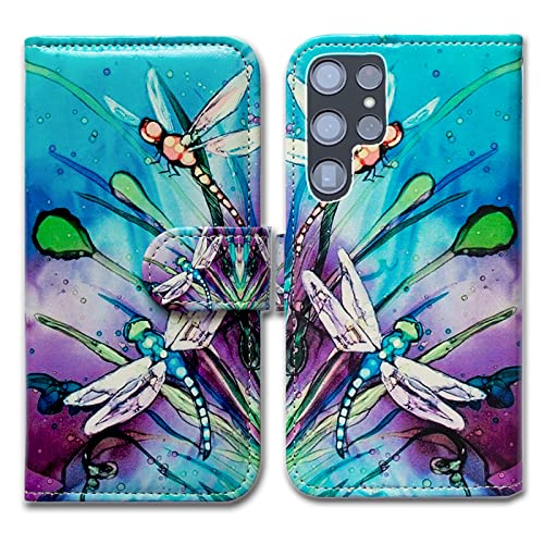 Bcov Galaxy S22 Ultra Case, Cute Dragonfly Leather Flip Phone Case Wallet Cover with Card Slot Holder Kickstand for Samsung Galaxy S22 Ultra 5G