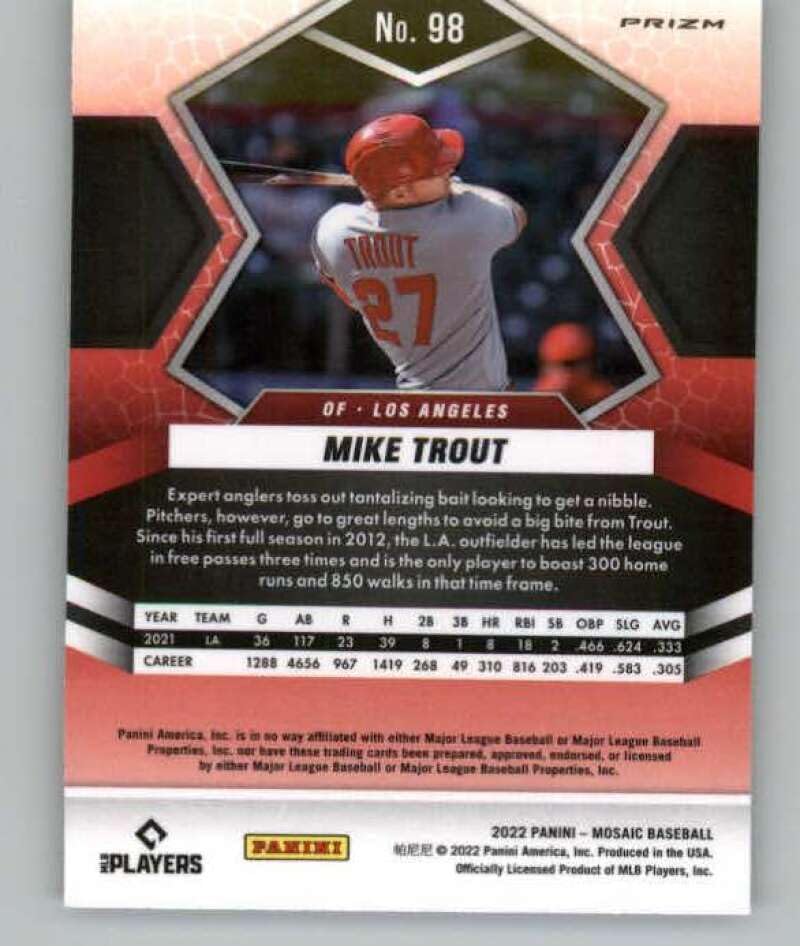 Miniatura 2 de 2022 Panini Mosaic Mosaic Parallel #98 Mike Trout Los Angeles Angels Baseball Trading Card
