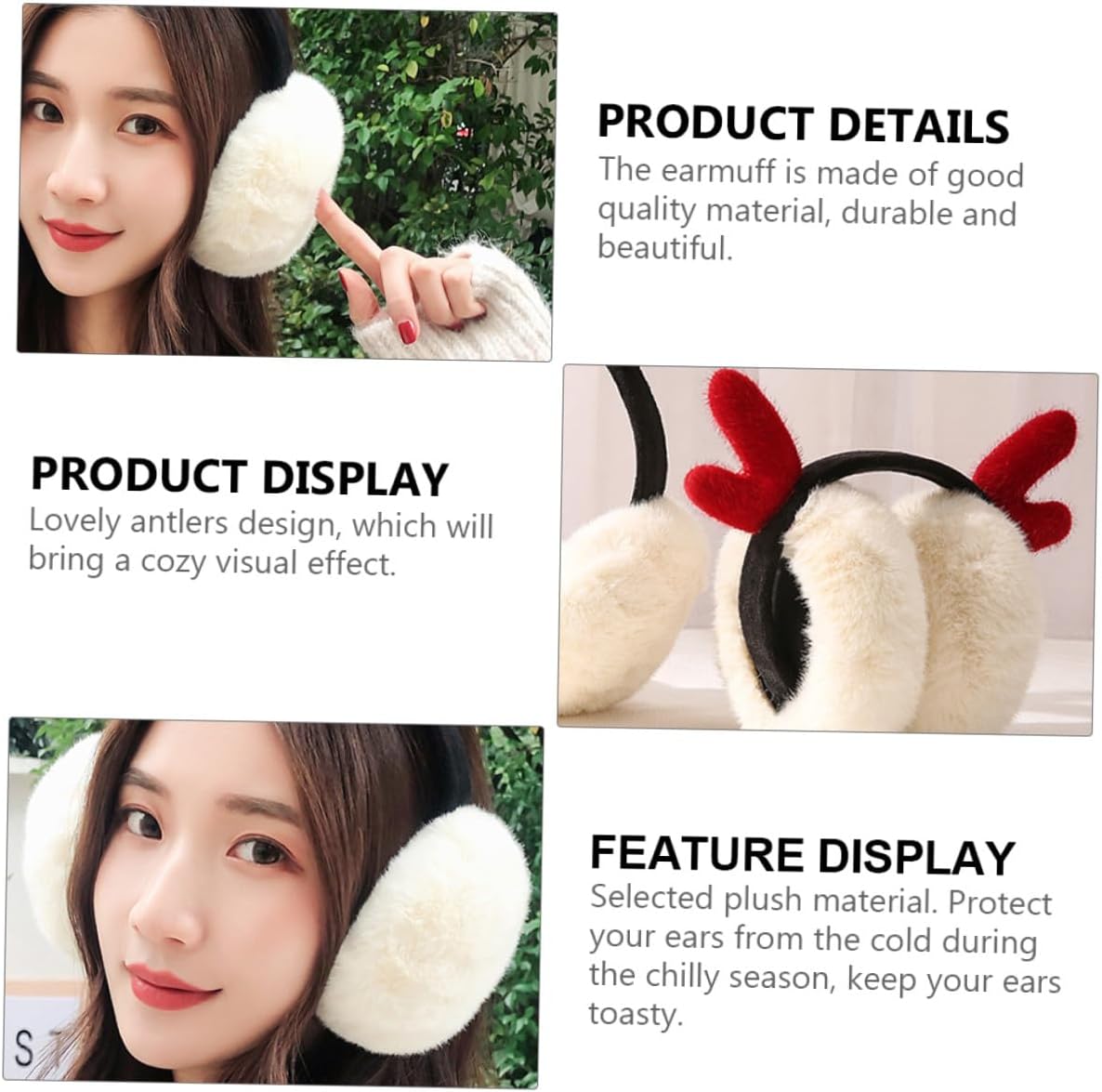 Toyvian Winter Antler Earmuffs Plush Ear Warmer Foldable Winter Ear Cover for Women Outdoor Warm Accessories White with Red Antlers