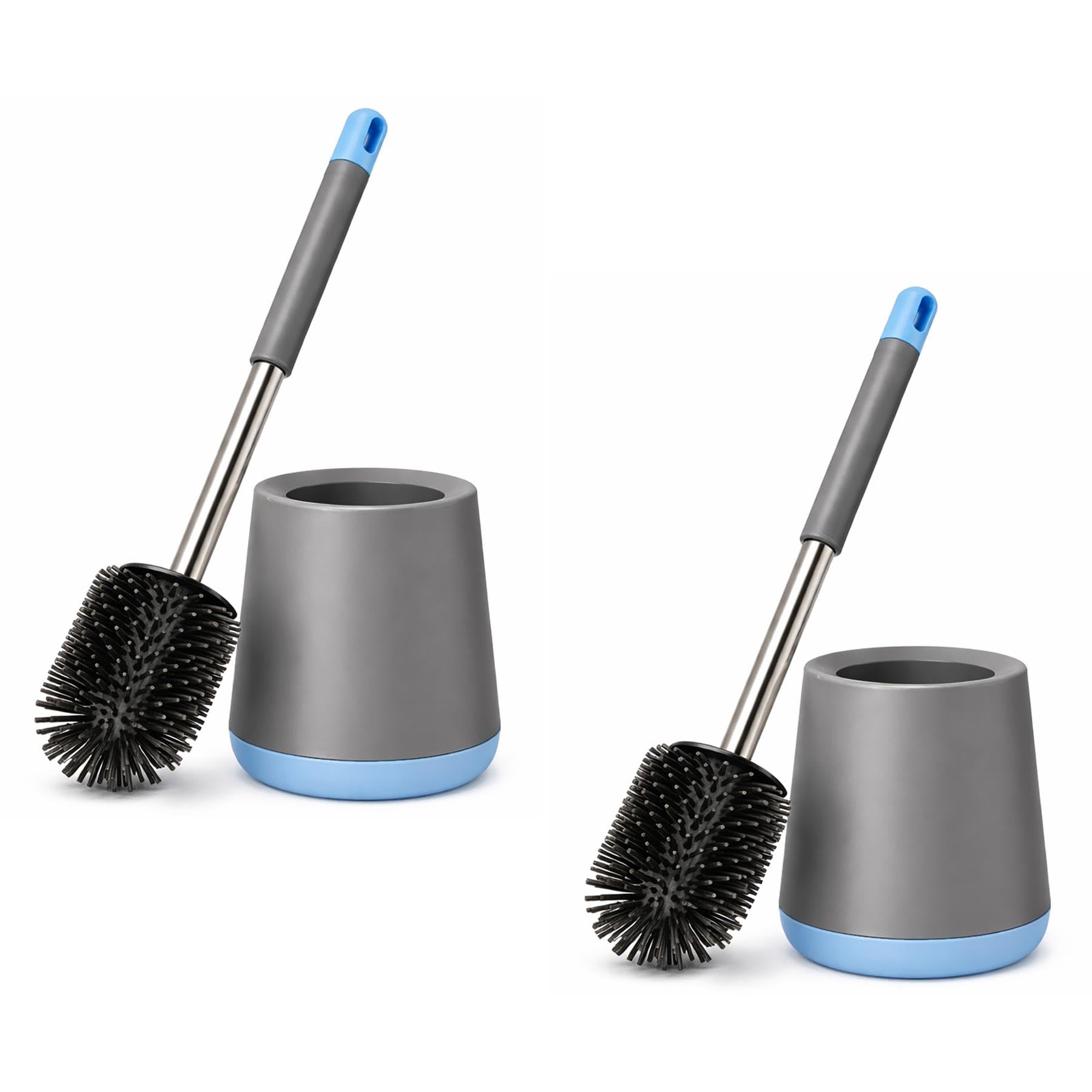Premium Silicone Toilet Brush and Holder Set (2 Pack) – 360° Flexible Non-Scratch TPR Bristles with Detachable Drip Tray - Hygienic Under-Rim Cleaner - Sleek Grey and Blue Design