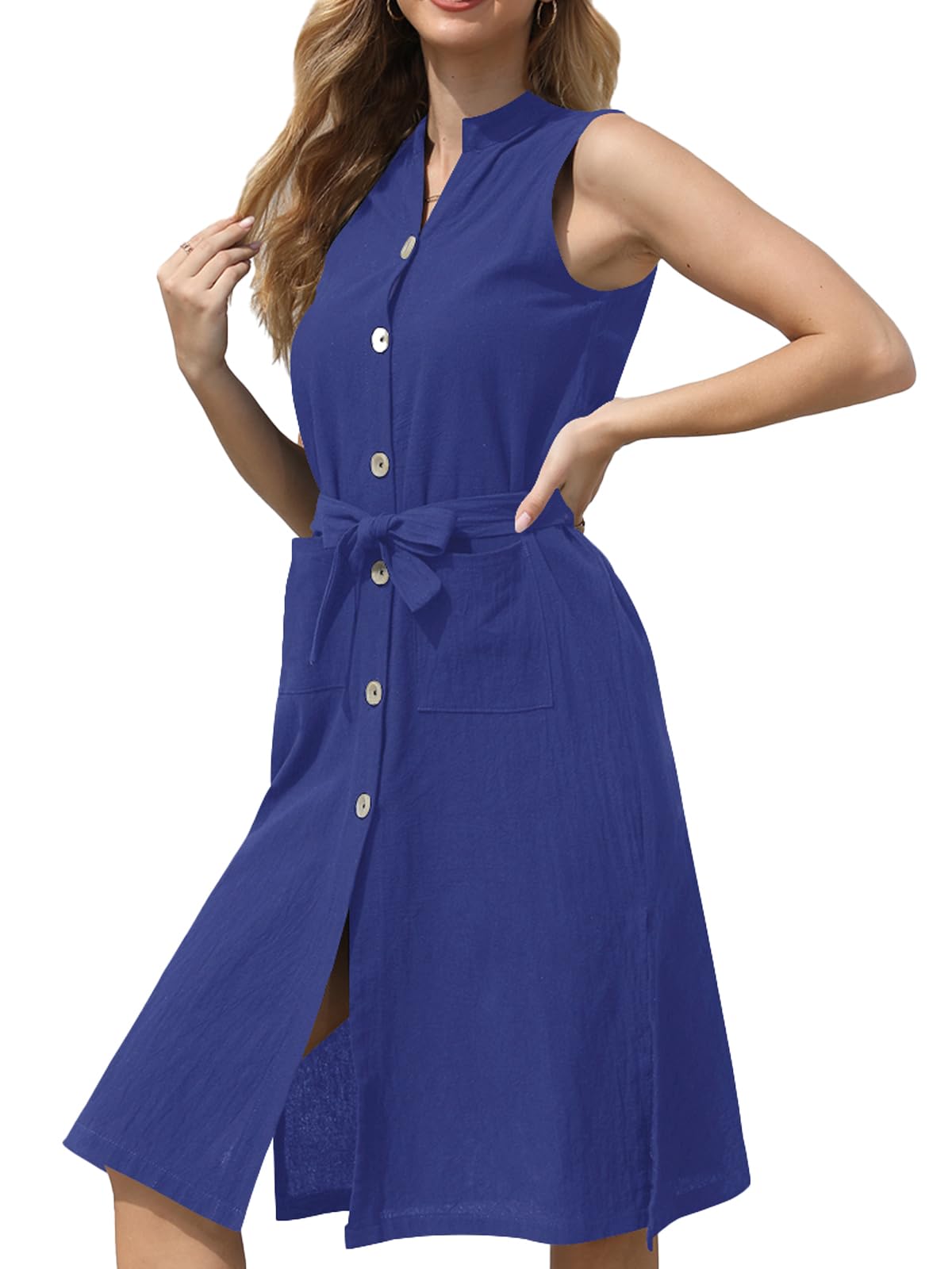 Women's Casual Summer Dresses Sleeveless Buttoned Shirt Dress Split