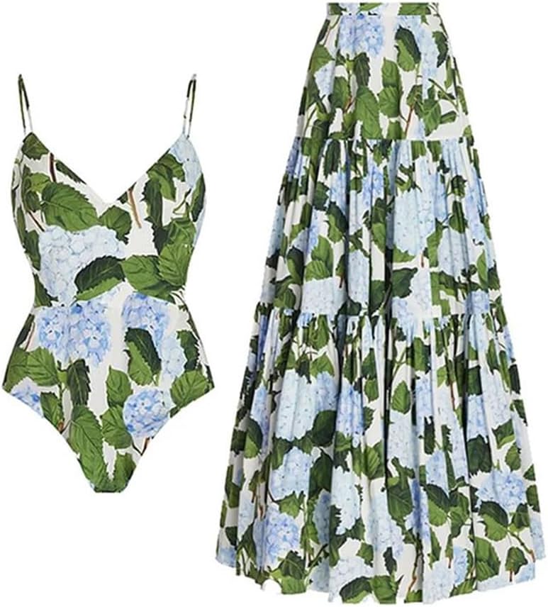 Women's One Piece Swimsuit with Cover Up Set Wrap Skirt Sleeveless Floral Beach Swimwear Sarong Bathing Suit Green-leaf Medium