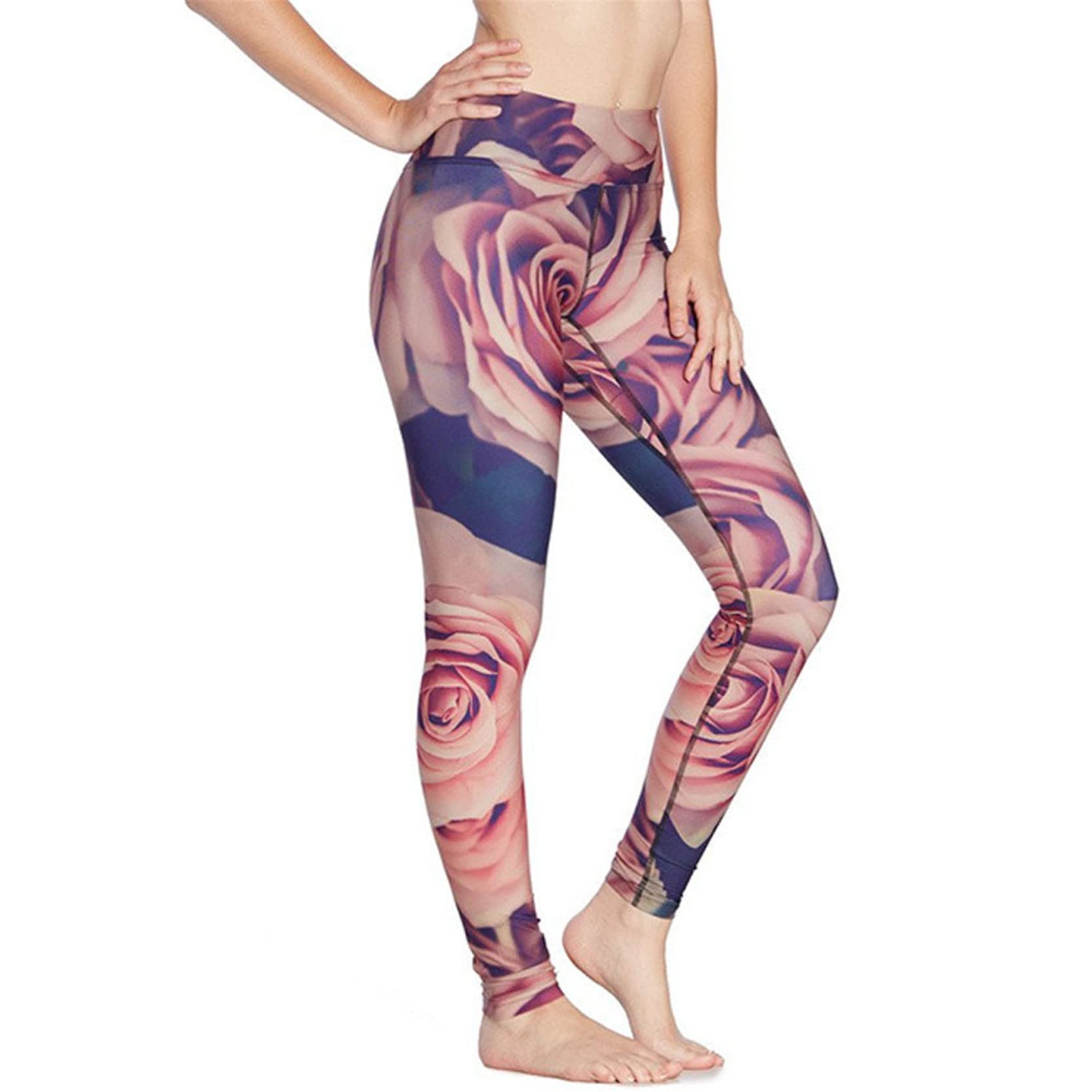 Legginsy damskie Push Up, Women Rose Flower Prints Yoga Pants High Waist Butt Lift Skinny Workout Leggings Quick Dry Sports Tights 7/8 Length Trousers rozciągliwe sportowe legginsy do jogi (Color : P
