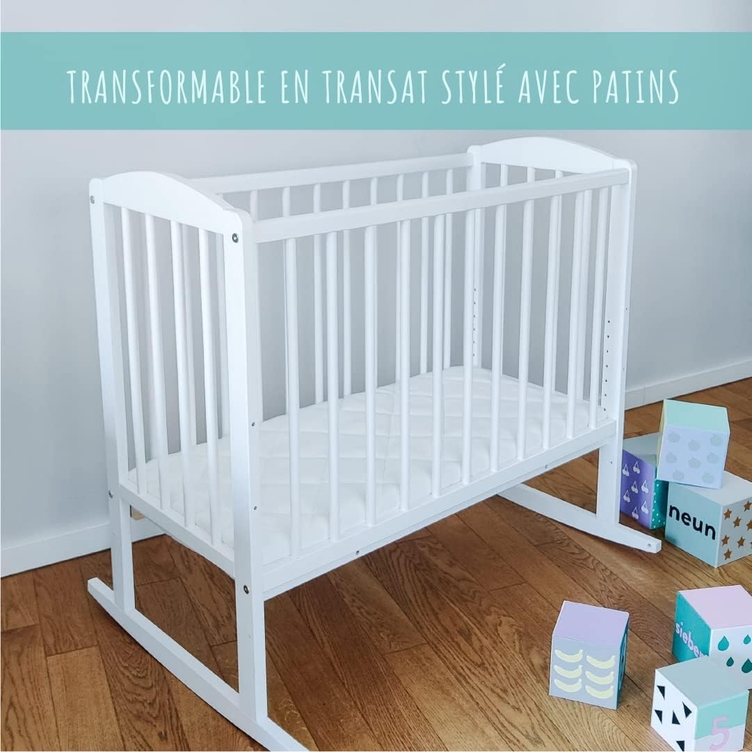 Lit d'appoint 90 x 40 cm avec Matelas, Transformable en 90 x 55 cm, Hauteur de Couchage réglable 9 Fois, utilisable comme transat pour bébé, en pin Massif Blanc