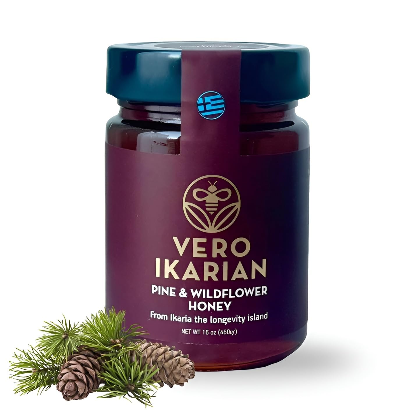 Greek Superherbs Ikaria Honey - 100% Organic, Raw, Unfiltered Blue Zone Longevity Honey with Earthy Flavor - Antioxidant Rich for Wellness, Energy & Immunity Support | Pine & Wildflower (16 oz)