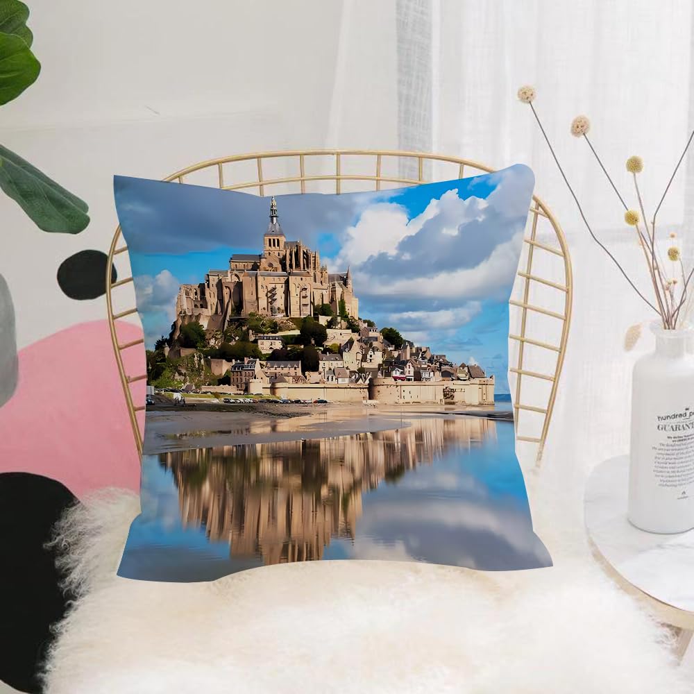 HYOSXW Cushion Cover,Throw Pillow Case Home Decorative for Living Room Bedroom Sofa Chair 16X16 Inch,Mont Saint Michel, tidal reflection, medieval castle, architecture,Pillowcase 40X40cm