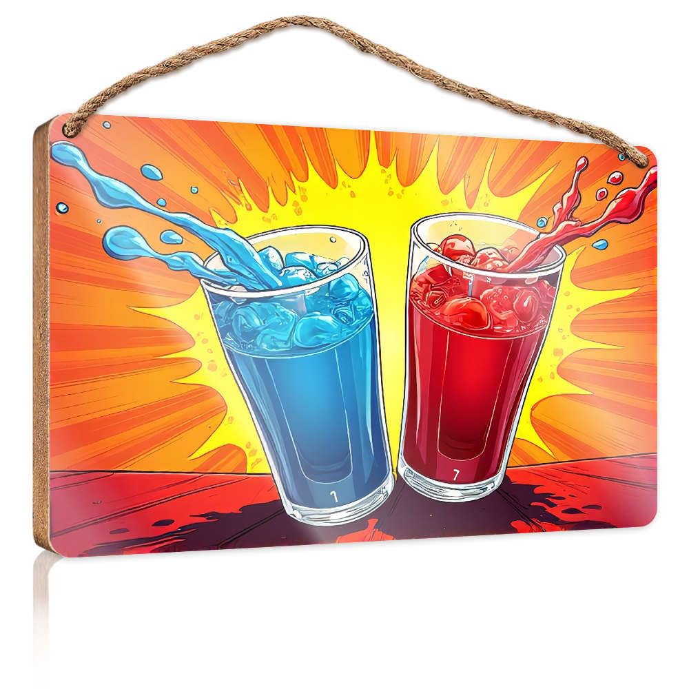 Wooden Decorative Plaque Two Glasses Of Colorful Drinks With Ice Cubes. Office Decor For Wall Funny Porch Decorations(15X28CM)