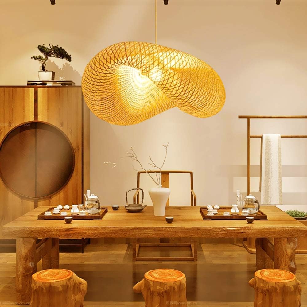GCQ Bamboo Lantern Pendant Lamp, Retro Japanese Style E27 Chandelier Hanging Light Ceiling Lighting Fixture for Living Room Bedroom Restaurant Cafe Teahouse Bar Dining Room Club