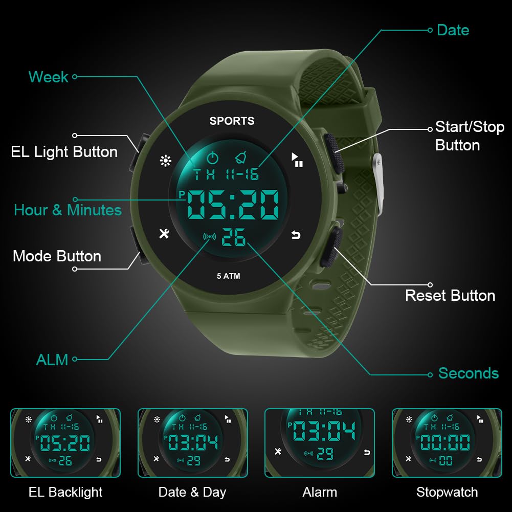 OFFCUP Mens Digital Watch, Men's Sport Watch, Plastic Strap Mens Watches with EL Backlight Alarm Stopwatch Shockproof Date, Wrist Watches for Men Boys - Image 3