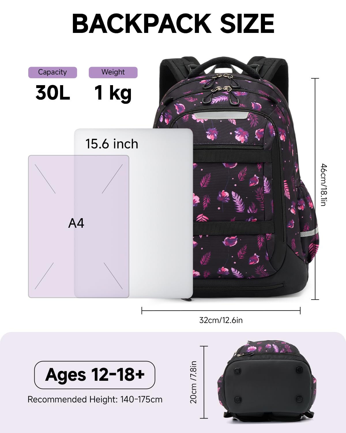 Amythe Ergo Schulranzen Teenager Mädc mit Abnehmbarem Hüftgurt | Ergonomischer Schulrucksack Teenager, 30L Rucksack Schule mit Verstaubare Netztasche, 5-13 Klasse für Schule, Reisen, Sport