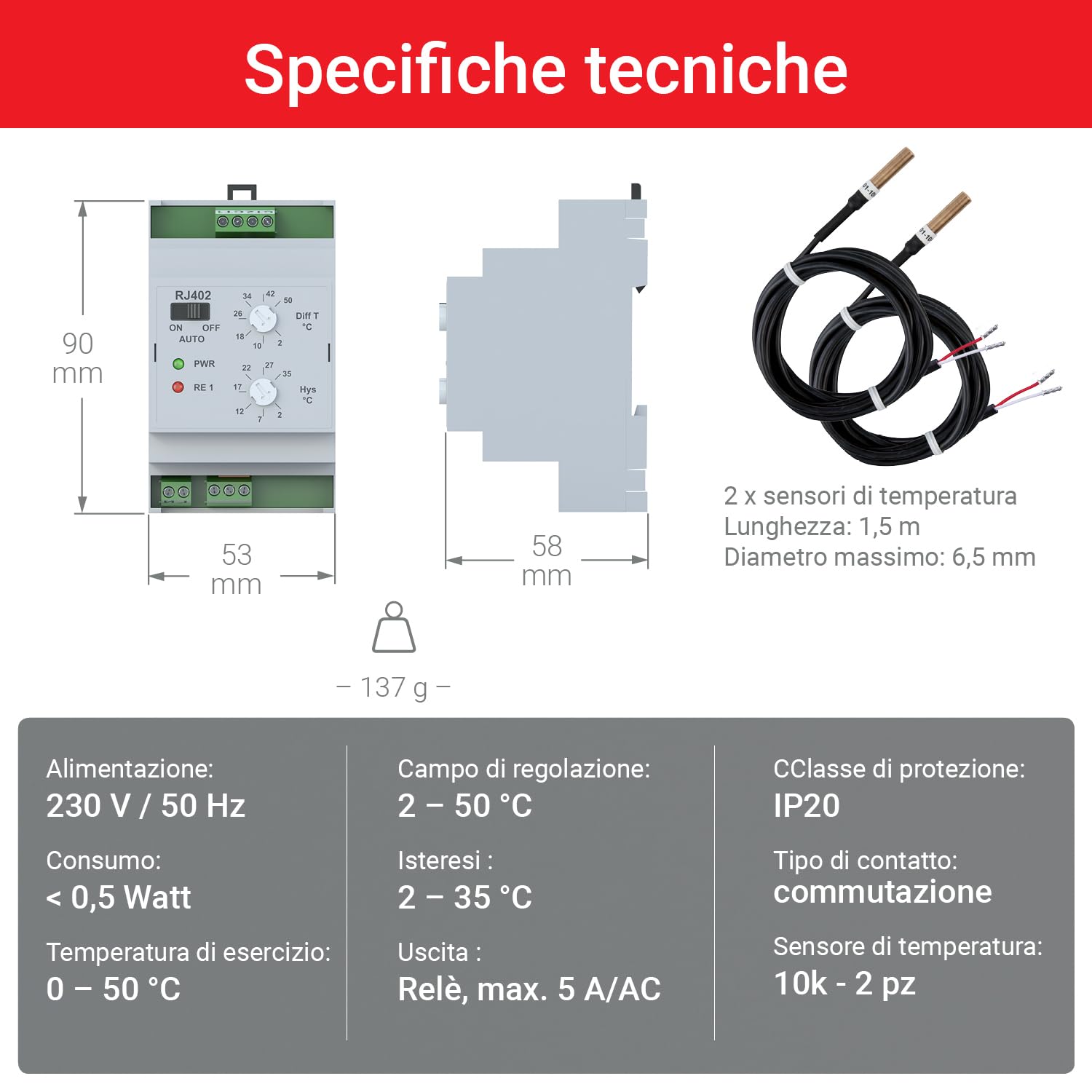 ELEKTROBOCK RJ402 Interruttore differenziale di temperatura | per pompa di circolazione e impianto solare - guida DIN - con 2 sensori esterni
