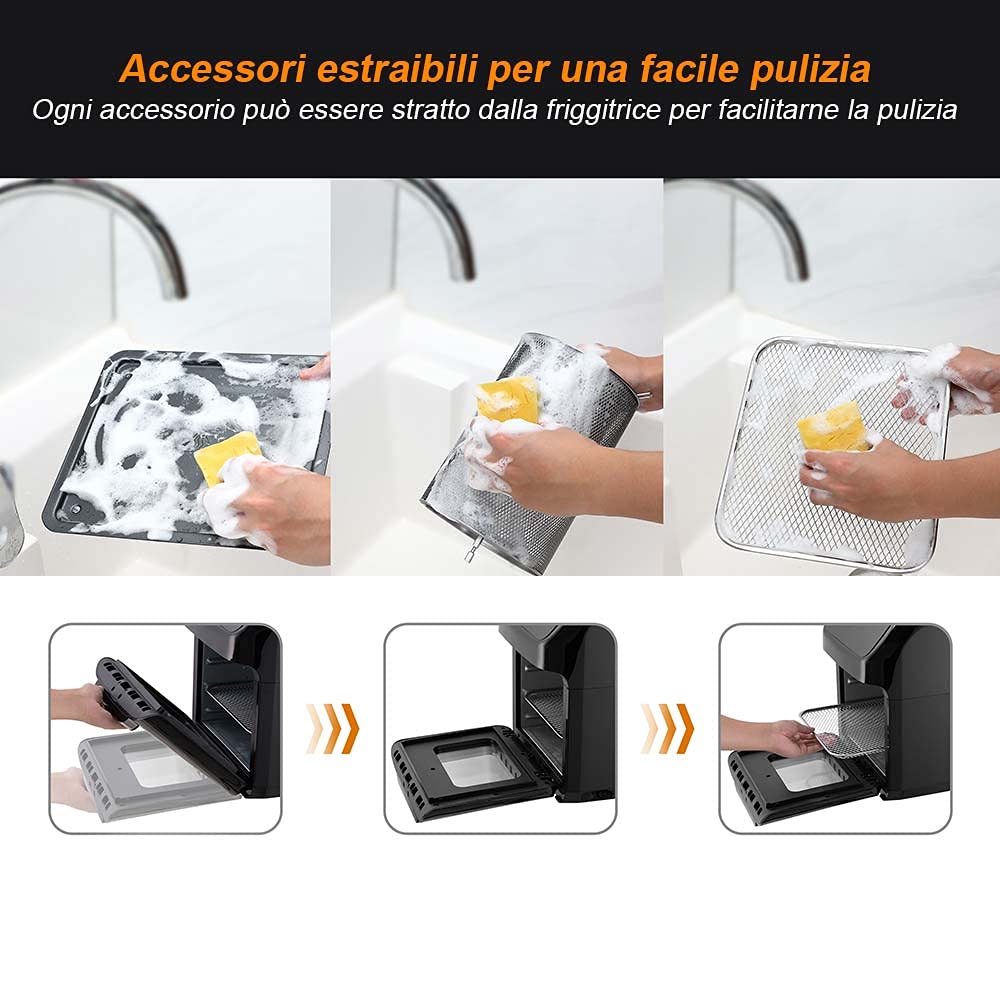 Bakaji Forno Friggitrice ad Aria Calda Frigge Cuoce Griglia Essicca Senza Olio Airfryer Capacità 12Lt Display LED Touch 12 Programmi Timer Regolazione Temperatura Potenza 1800W (Silver)