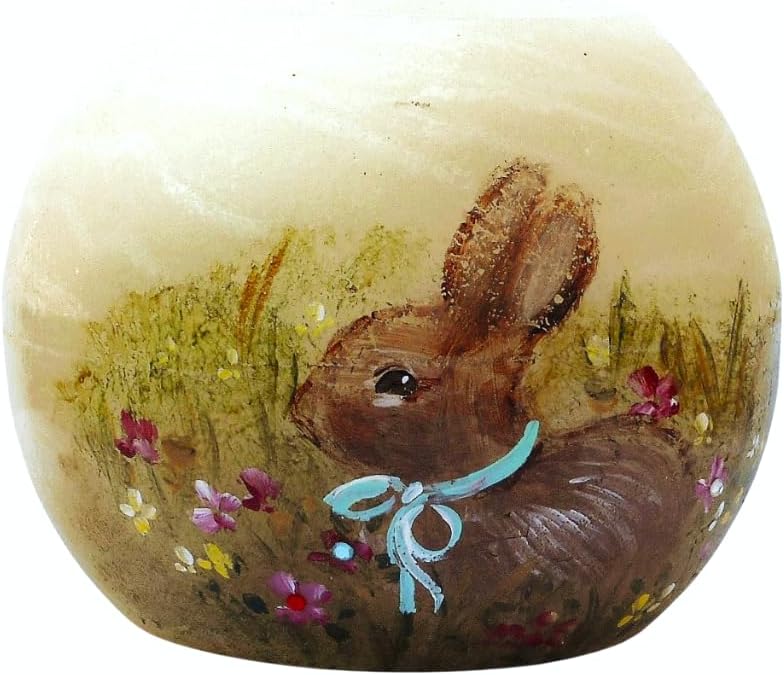 Large Round Flameless Candle Artist Hand Painted Whimsical Bunny Rabbit Flickering LED Battery Operated Spring Easter Table Decor Decorations Limited Edition