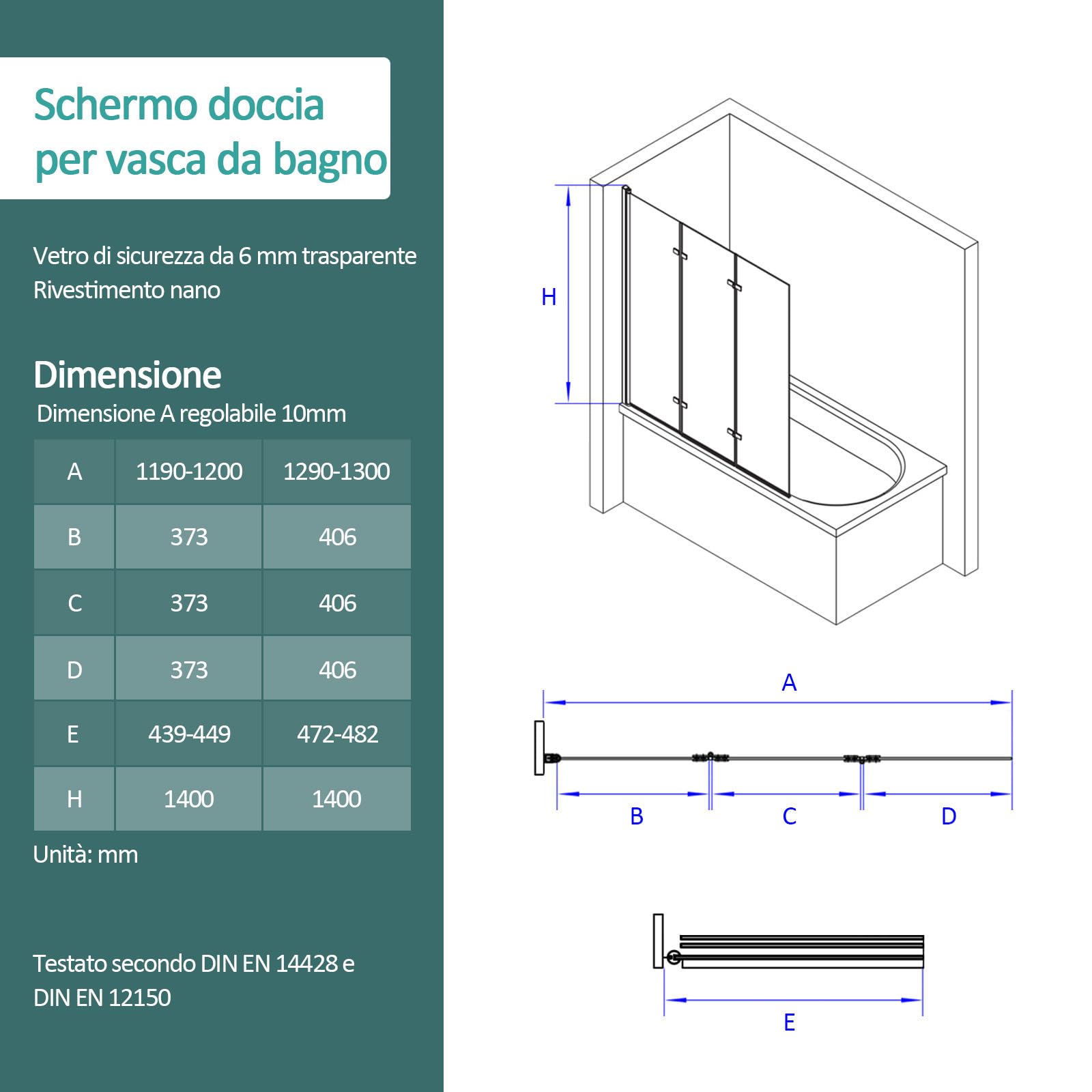 EMKE Parete vasca da bagno pieghevole 130 x 140 cm, 3 pannelli girevoli, vetro vasca da bagno in vetro di sicurezza da 6 mm, oscillazione di 180°, Telaio cromato stile industriale, nano-rivestito