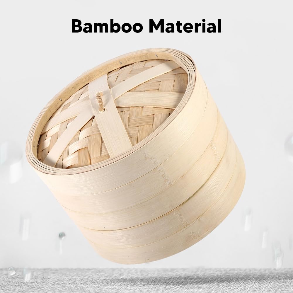 Set di Pentole a Vapore in Bambù 4 Misure 2 Livelli Cestello Per Cottura a Vapore in Bambù Riutilizzabile Cottura del Riso Naturale Cinese Fornello Per Alimenti con Coperchio Nuovo Per Cucina(22cm)