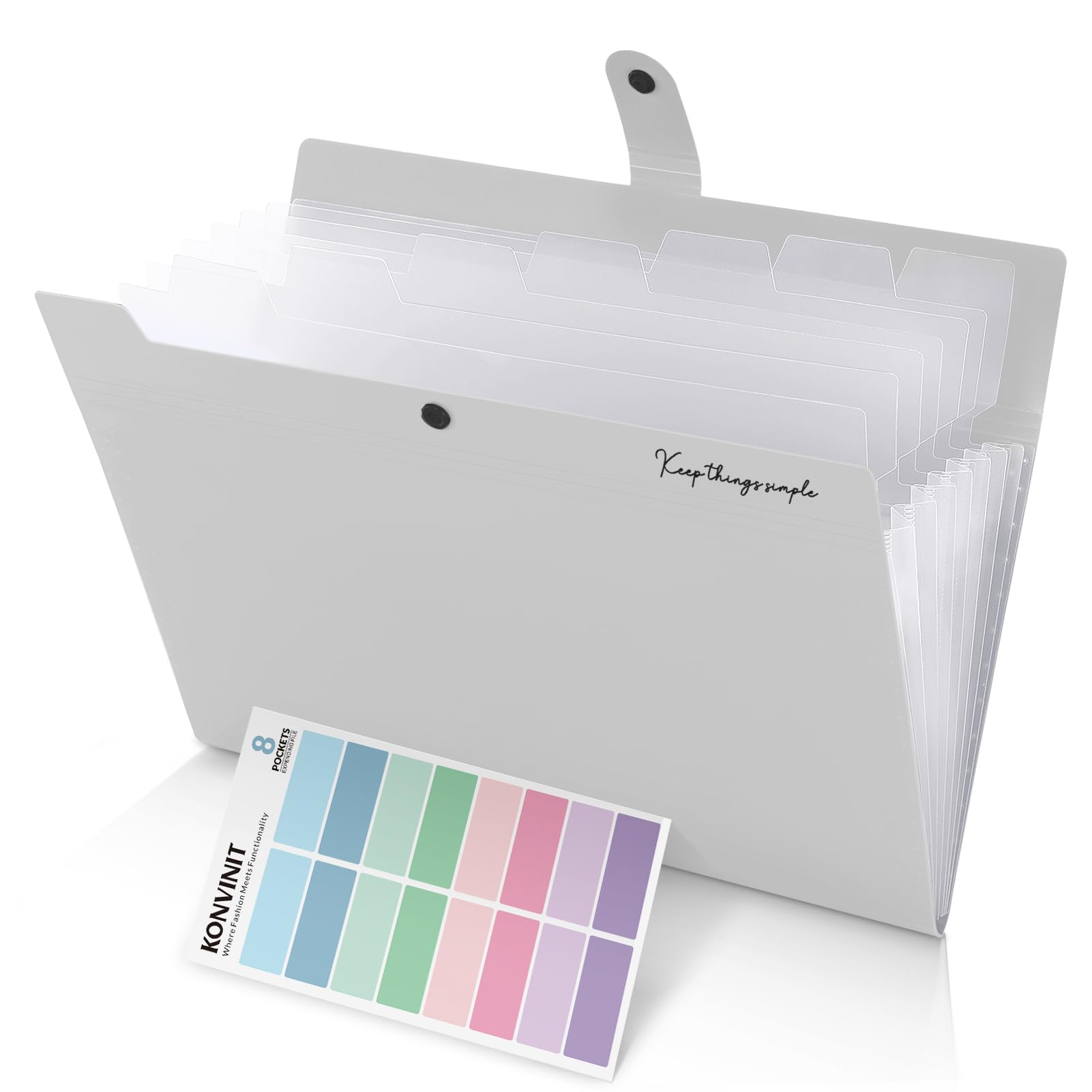 KONVINIT File Folder with 8 Pockets A4 Document Organiser Folder High Capacity Portable Expanding File Folder Paper Work Accordion Folder for School,Home and Office,Grey