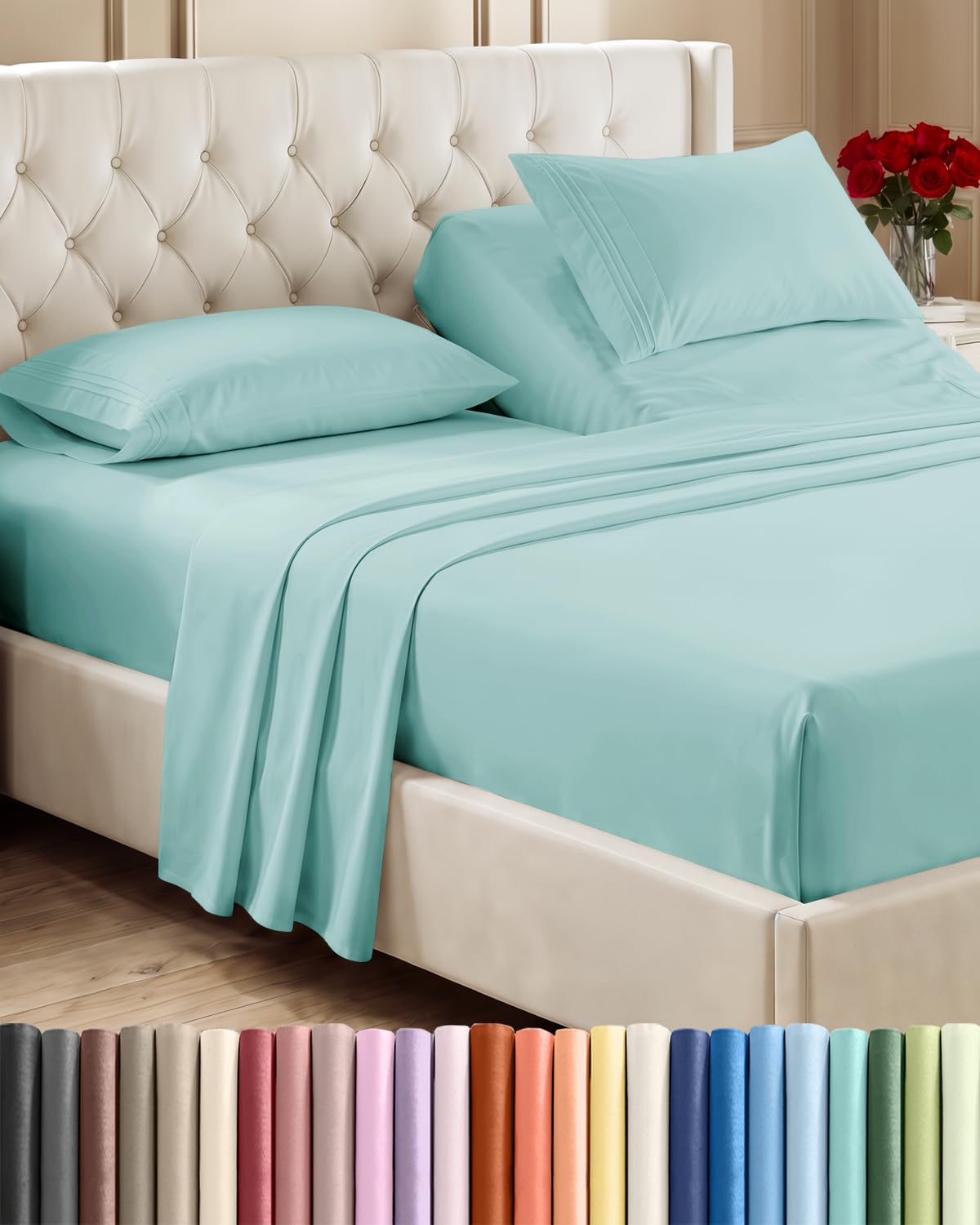 Flex Top Split Head King 4 Piece Sheet Set - Soft &amp; Breathable - Spa Blue
