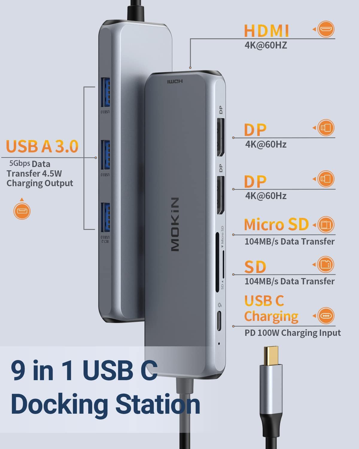 Docking Station USB C Dual DisplayPort, 9 in 1 Docking Station Laptop Adattatore Dual Monitor Hub USB C con 2 DP, HDMI, 3 USB 3.0, PD 100W, SD & TF per Dell/HP/MacBook/Surface