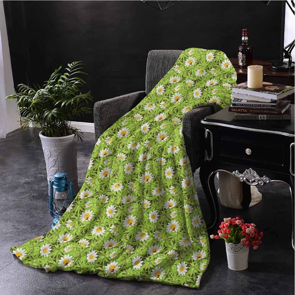 Plush Blanket Nature Chamomiles and Ladybugs in Spring Season Blooming Flowers and Wildlife Apple Green Marigold Red Couch Bed Napping Reading Recliner W50 xL60