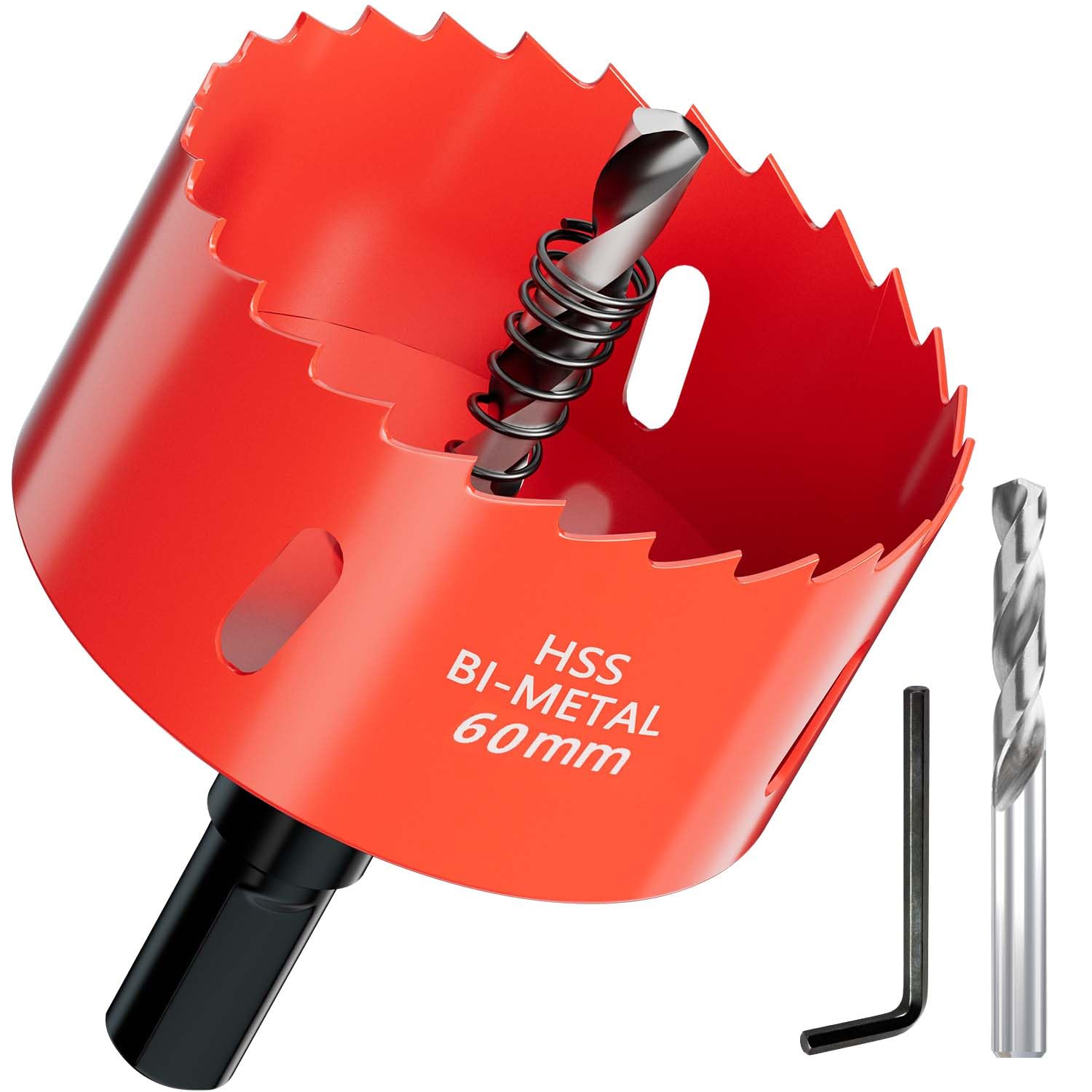 Lochsäge Bohrkrone 60mm aus HSS Bimetall - Hochleistungs Lochfräse und Lochkreissäge mit Dreieckgriffadapter und Zentrierbohrer für Holz, Kunststoffe, Metall, Trockenbauwände, Rigips und Kaminrohre