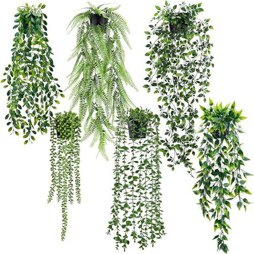 Der Rose 6Pcs Fake Plants Hanging Faux Eucalyptus Vines Artificial Potted Hanging Plants Indoor for Room Wall Shelf Outdoor Decor
