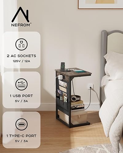 Miniatura 5 de Mesa auxiliar en forma de C con estación de carga rápida, mesa auxiliar de sofá pequeña con bolsa de almacenamiento, mesa de bandeja de sofá para