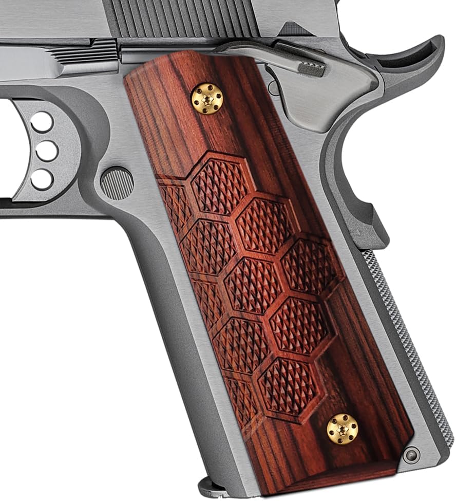 Cool Hand 1911 Wood Grips, Grips Gold Screws Included, Full Size (Government/Commander), Checker Diamond Cut or w/Patriotic US Logo or Honey Comb Texture, Ambi Safety Cut