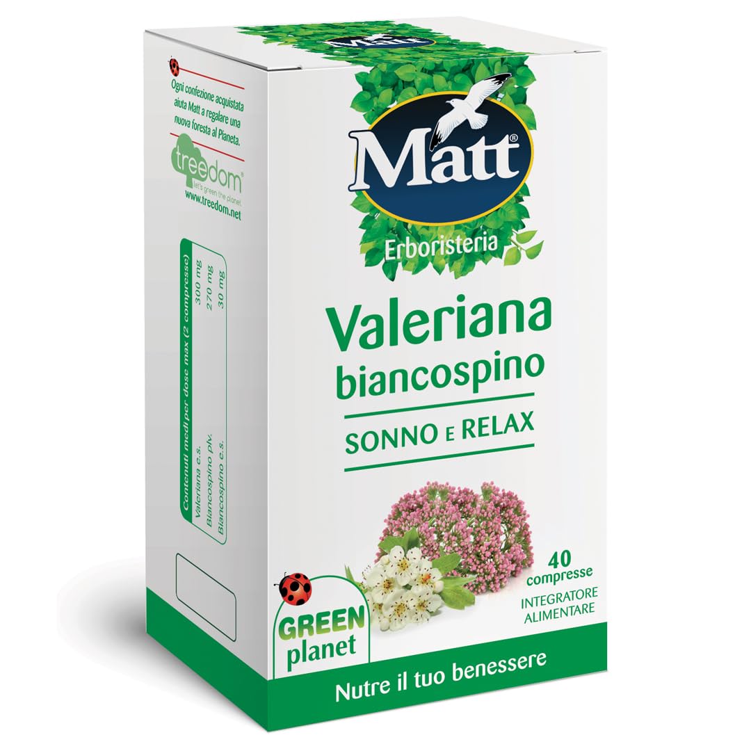 Matt, Valeriana Biancospino Sonno e Relax, Integratore Alimentare Utile per Favorire il Rilassamento e il Sonno, Migliora la Qualità del Sonno, Confezione con 40 Compresse, 28 g