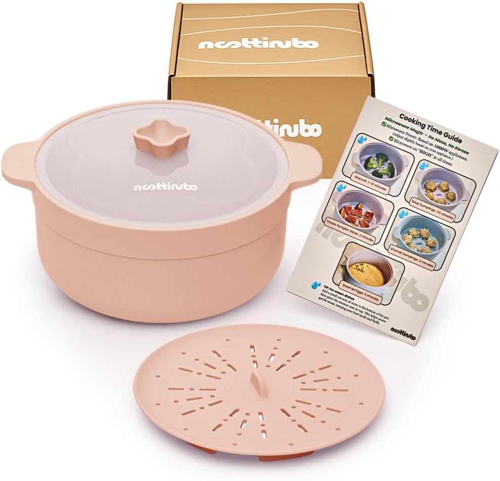 Microwave Egg Cooker & Ramen Cooker | 1.2L Silicone Microwave Steamer Pot with Lid & Steamer Mat | BPA-Free, Dishwasher Safe | noottinubo (Strawberry Milk)