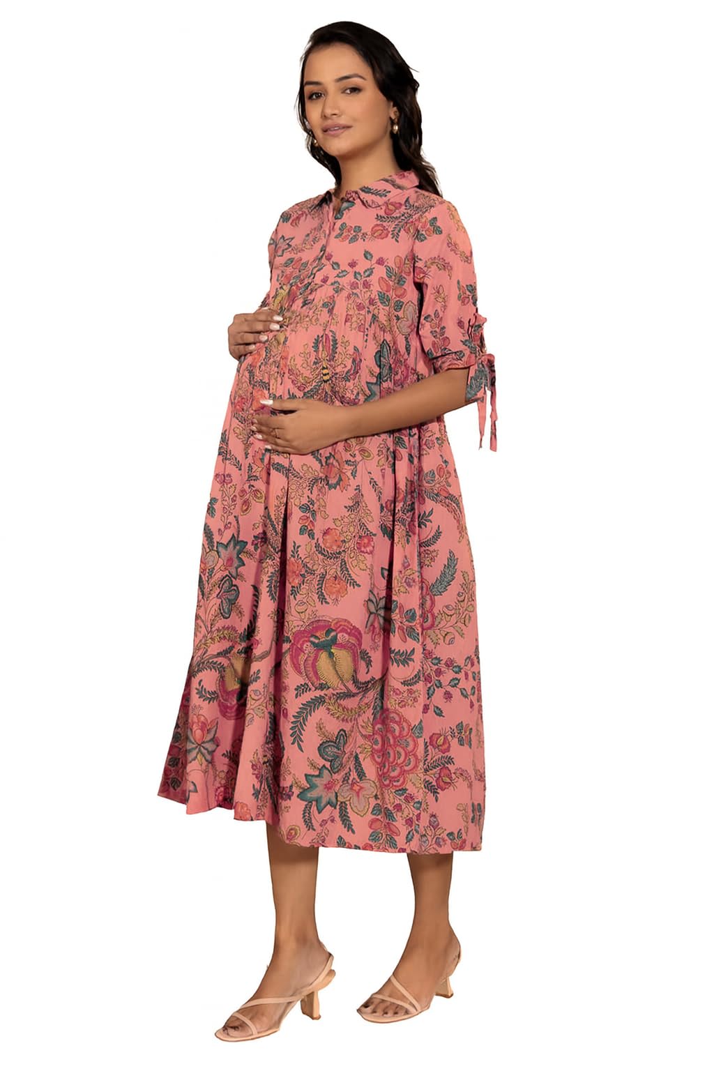 Floral Print Maternity Midi Dress, Pink with Teal Botanical Pattern, Tie Sleeve Detail, Nursing-Friendly Design-image-16
