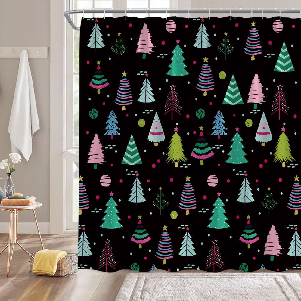 Christmas Tree Shower Curtain Colorful Xmas Tree Abstract Cute Cartoon Winter Holiday Bathroom Decor Curtain with Hooks,Black