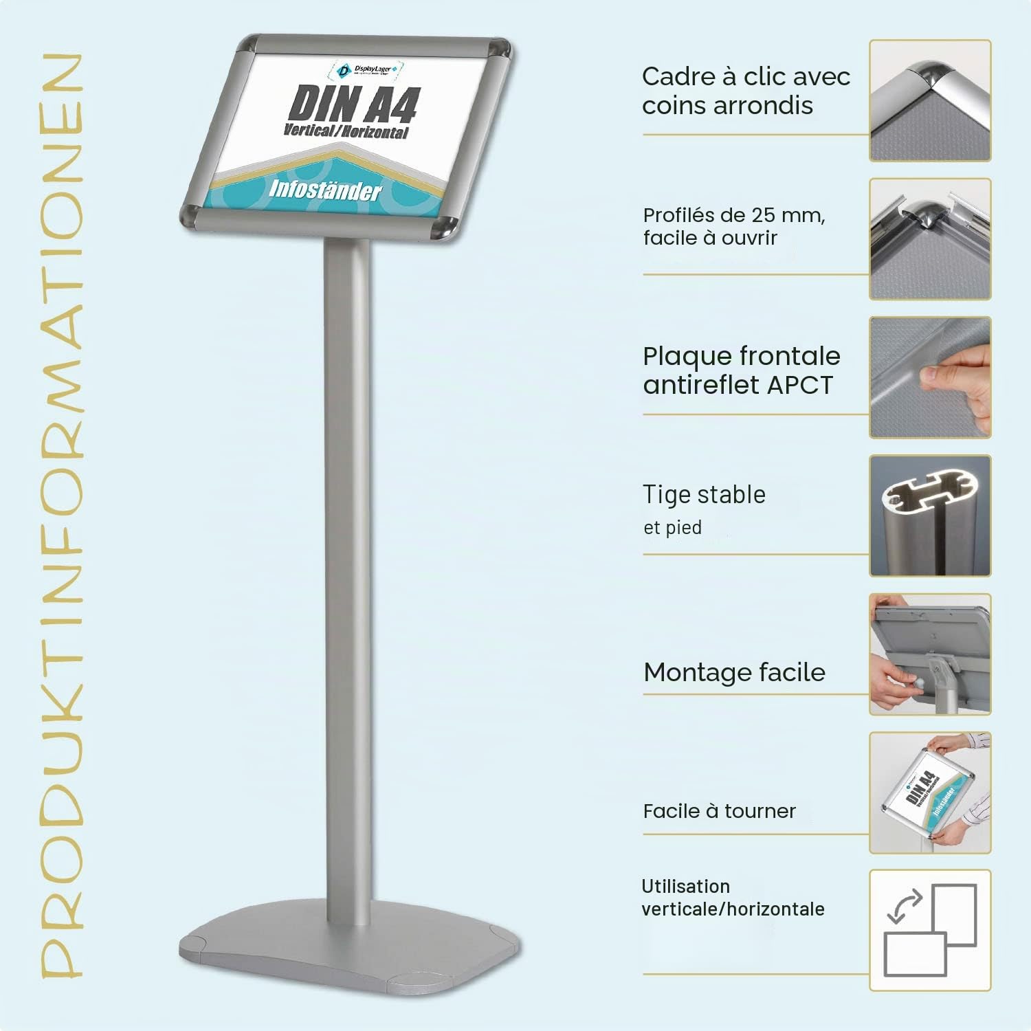 Displaylager - Support d'information format A4 EXPO pour affiches de 21 x 29,7 cm - Design haut de gamme et très fonctionnel - Support d'information en aluminium inoxydable