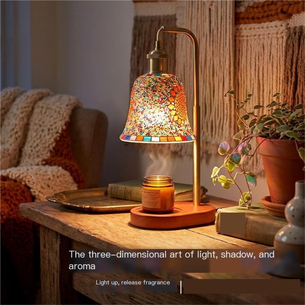 Lampada scaldacandele, luce notturna ambientale sul comodino della | Scaldacandele, base in legno massello, paralume in vetro, controllo tramite pulsanti, luce