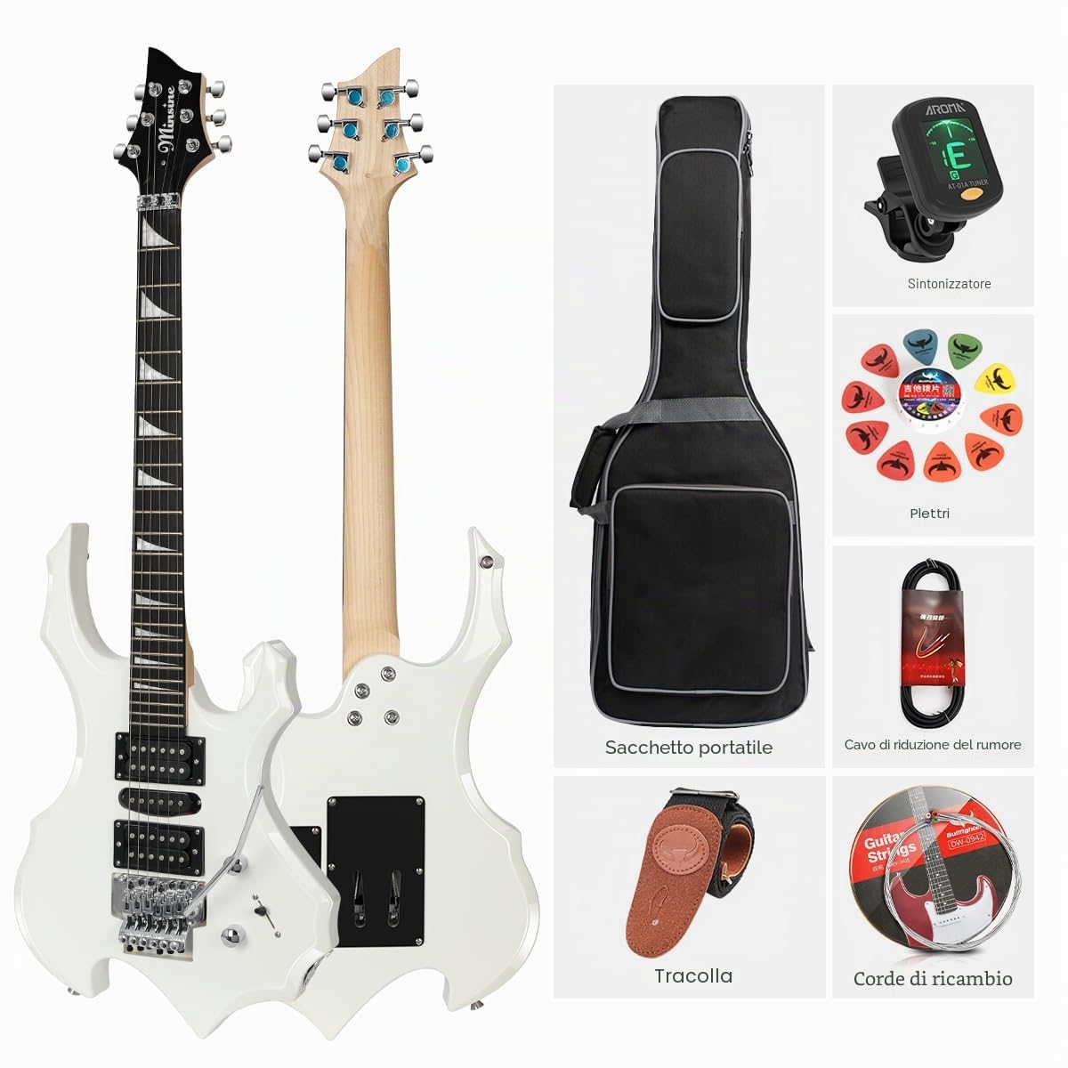 Chitarra elettrica per adulti principianti entry rock Tuta professionale con borsa, plettro, cavo, accordatore e tracolla. (bianco)