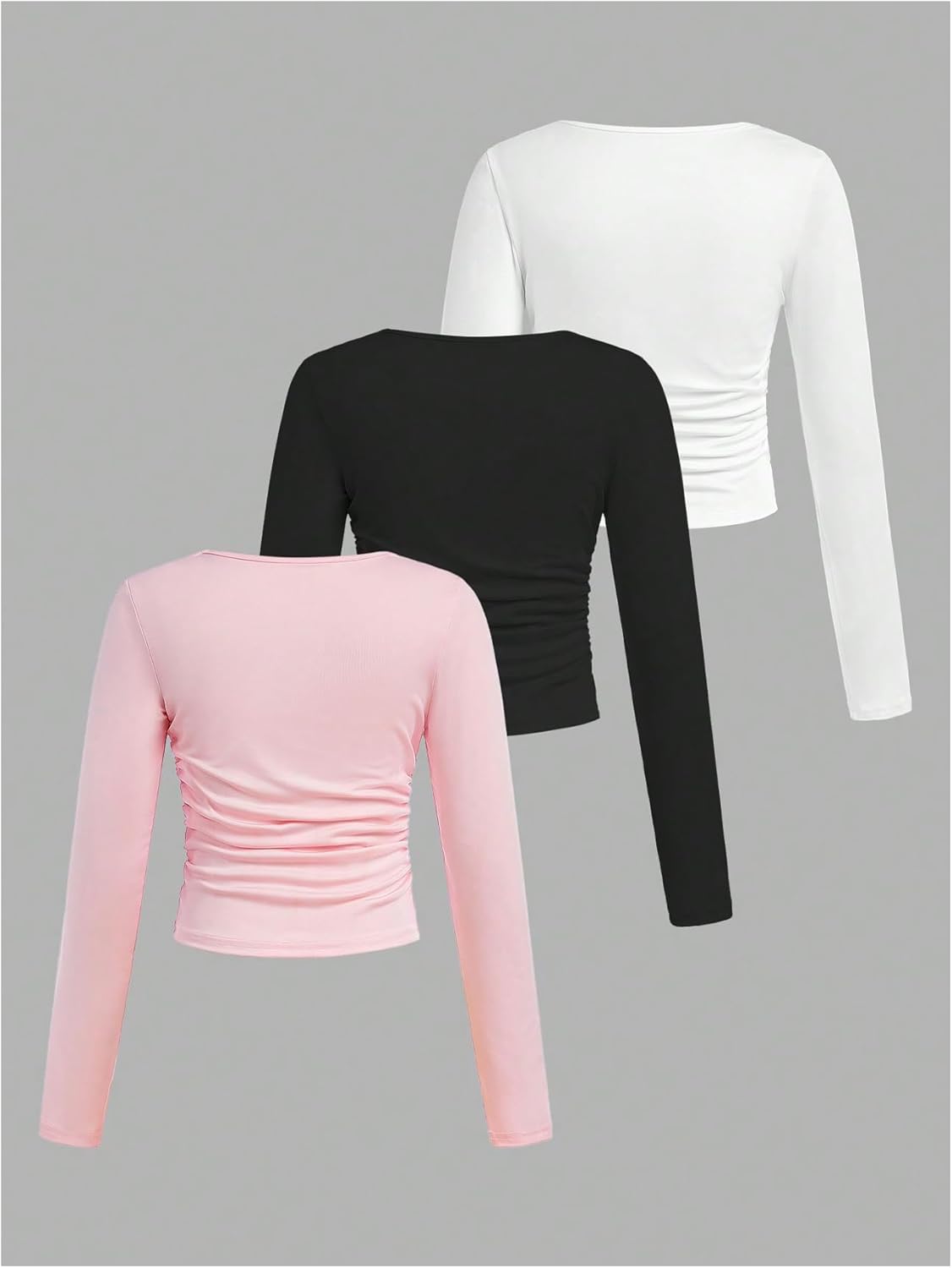 SOLY HUX Girl's 3 Piece T Shirt Crew Neck Long Sleeve Ruched Crop Tops Slim Fit Solid Basic Tee - Image 2