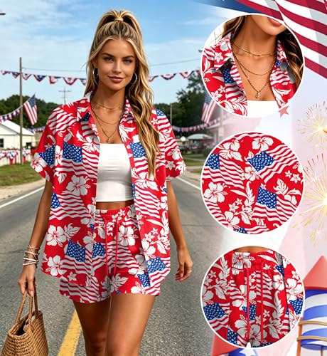 Image of Women 4th of July Outfit 2 Piece Set Short Sleeve Button Down Shirt and Shorts American Flag USA 250th Anniversary
