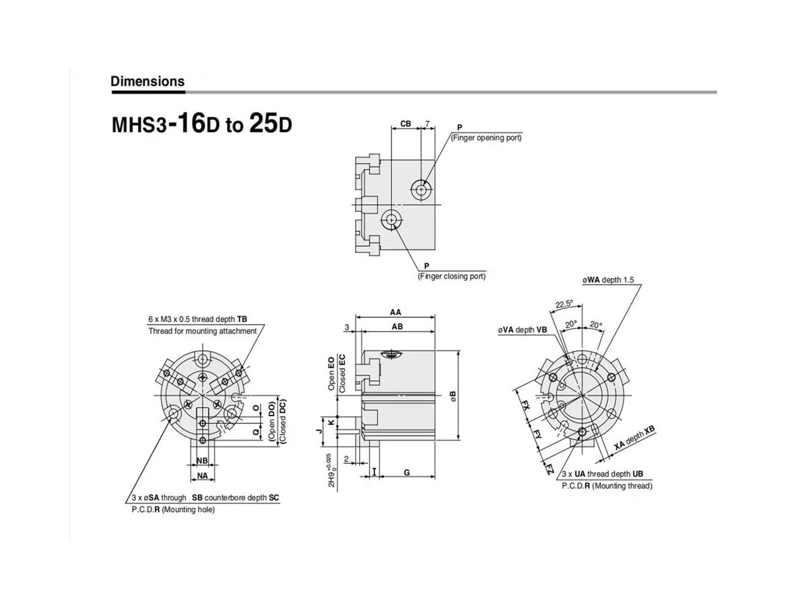 MHS3 16D 20D 25D 32D 40D 50D rozmiar 63D 80D 100D 125D Równoległy styl pneumatyczny 3 palce podwójny cylinder obrotowy (MHS3-16D)