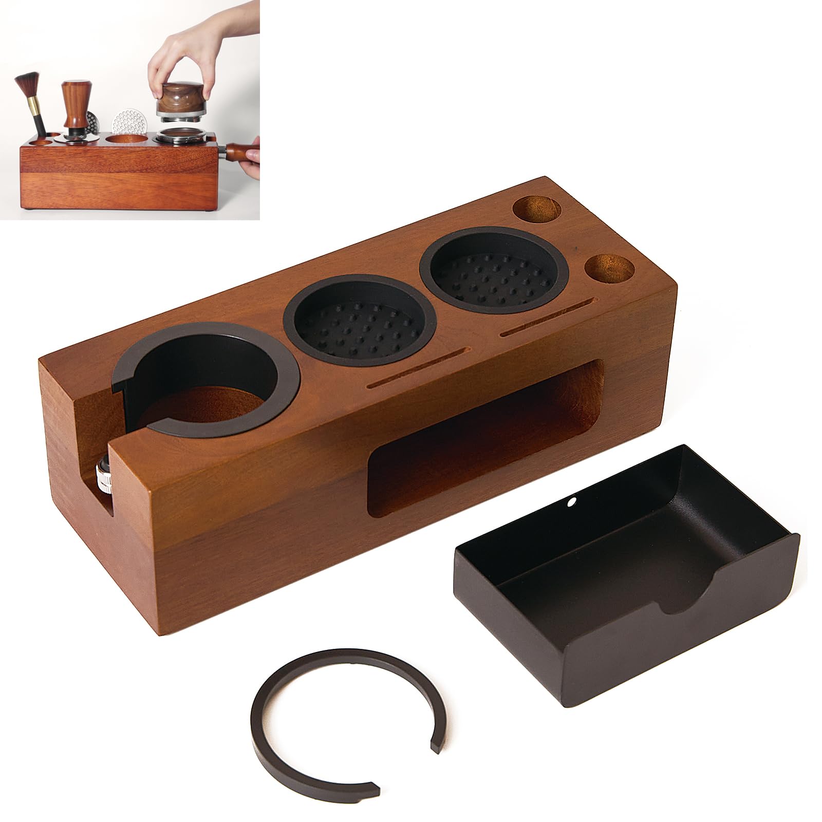 shockassist Tamperstation, Espresso Station aus Walnussholz für 58mm