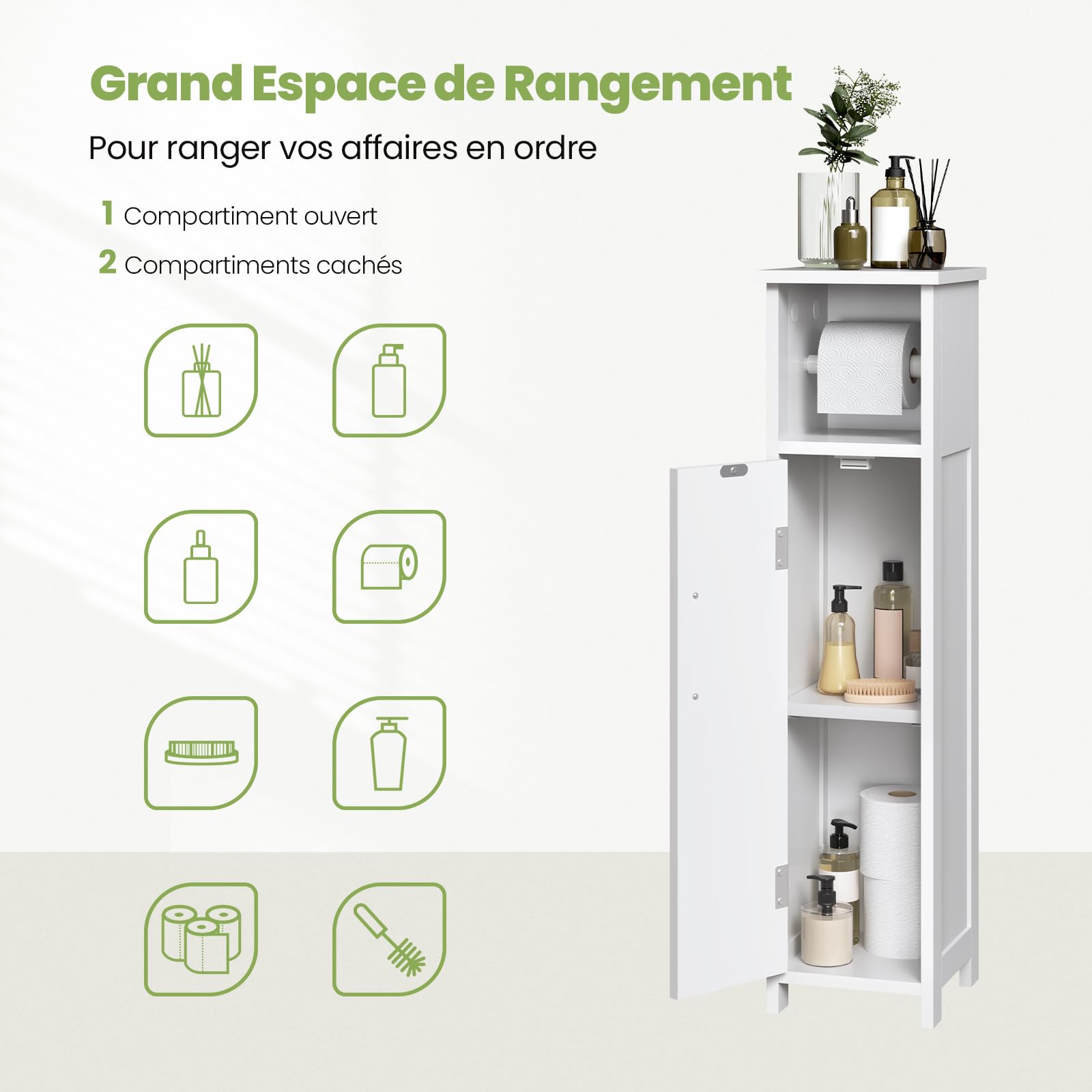 EUGAD Meuble de Salle de Bain, Petit Meuble de Rangement de Salle de Bains, Armoire Étroit pour Papier Toilette, Gain de Place, pour Petits Espaces, 18 × 18 × 71 cm, Blanc 0229WY