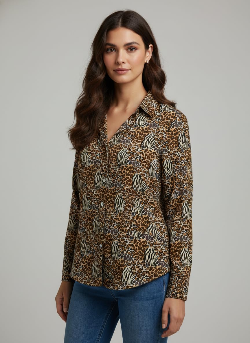 ANNI Designer Bedrucktes Damenhemd aus Baumwollmischgewebe, langärmelig, normale Passform, Hemdkragen, legere Bürokleidung, elegante Western-Kleidung für den Alltag, Hochzeit, Party