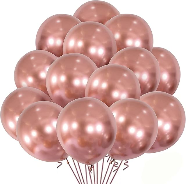 TOPWAYS Rose Gold Metallic Balloons, 50pcs 12inch Thick Shiny Rose Gold Chrome Latex Balloons for Birthday Wedding Anniversary Baby Shower Party Decoration Supplies 50pcs (A)