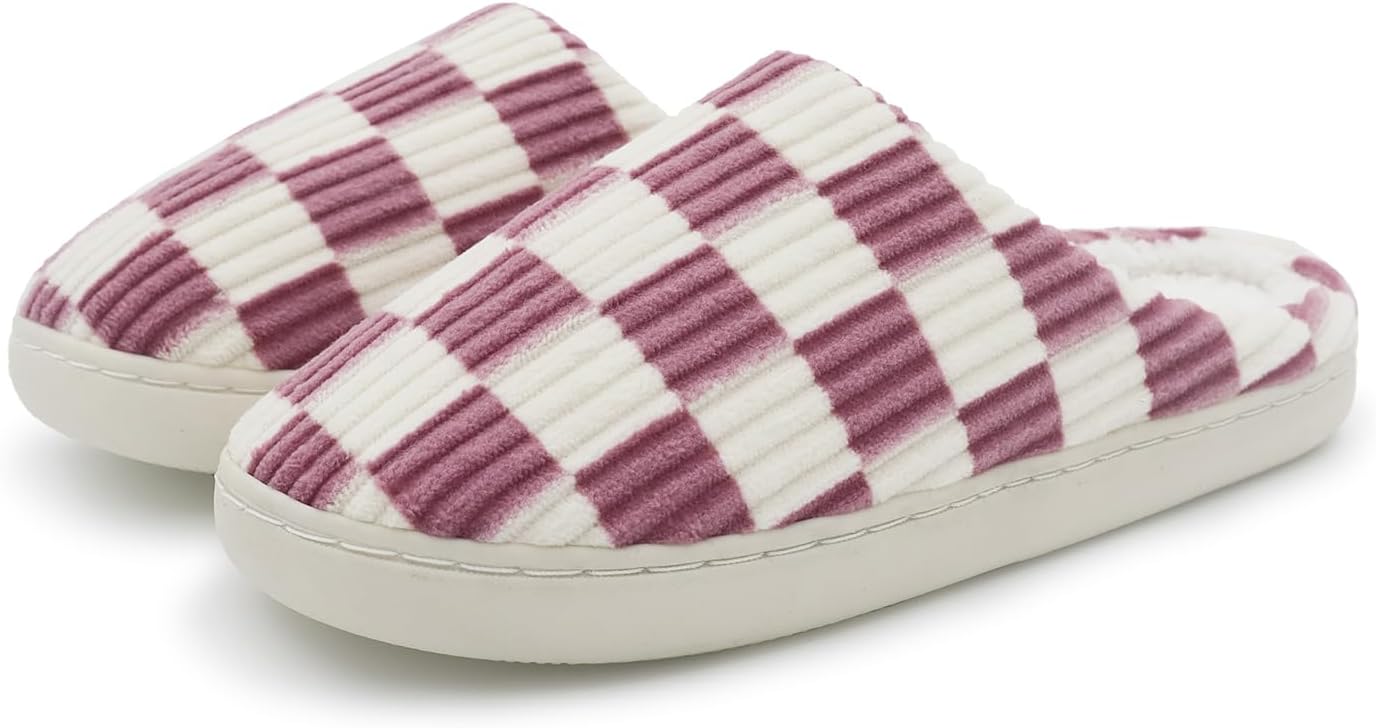 Dumhew Women Home Fuzzy Slippers - Memory Foam Checkered Plaid Scuff Non-Slip Indoor Outdoor Comfortable Casual Soft Slides