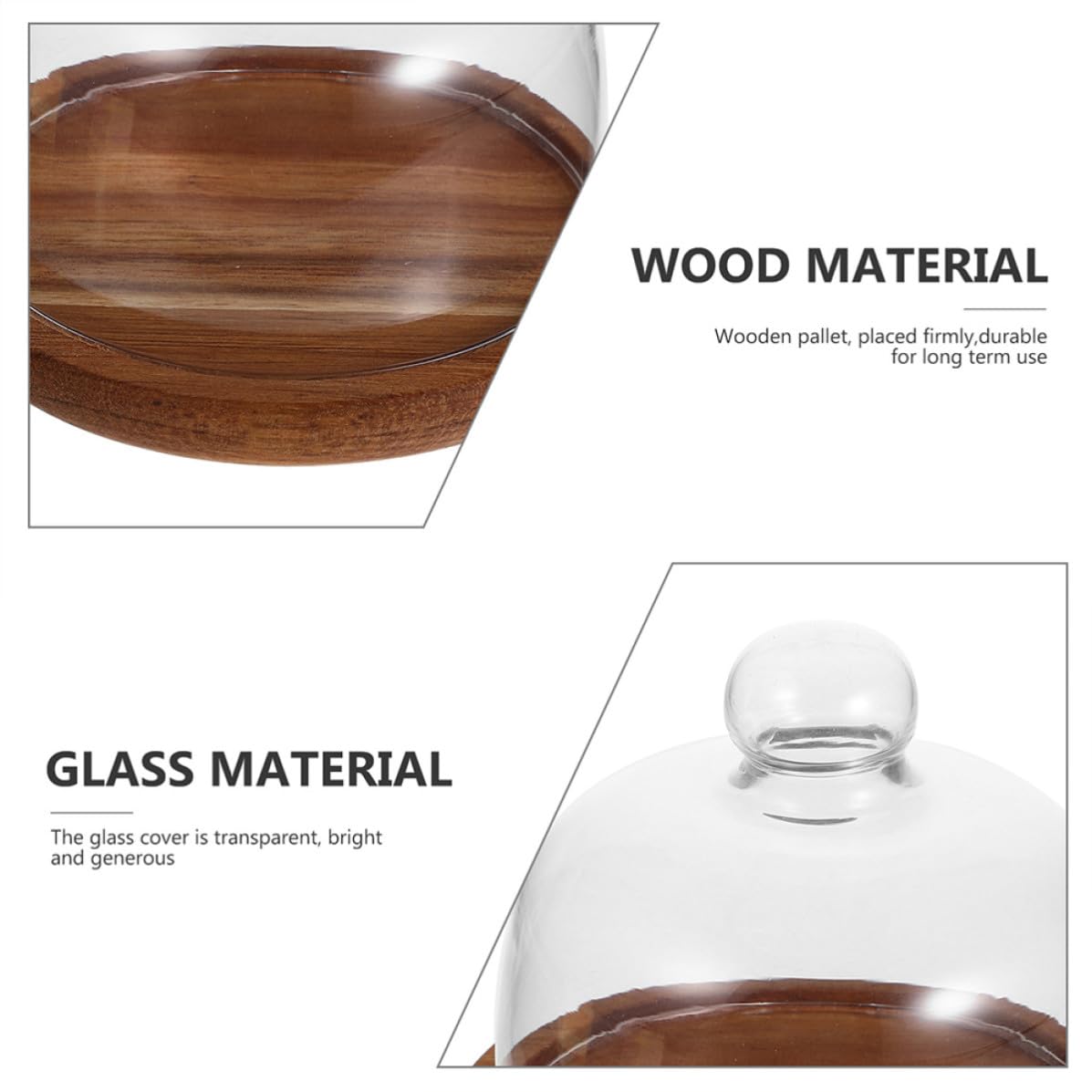 Alasum Bandeja para Tartas de Madera Cúpula de Vidrio para Cocina | Diseño Transparente Creativo, Acabado Fino, Cobertura de Alimentos y Conservación del Calor