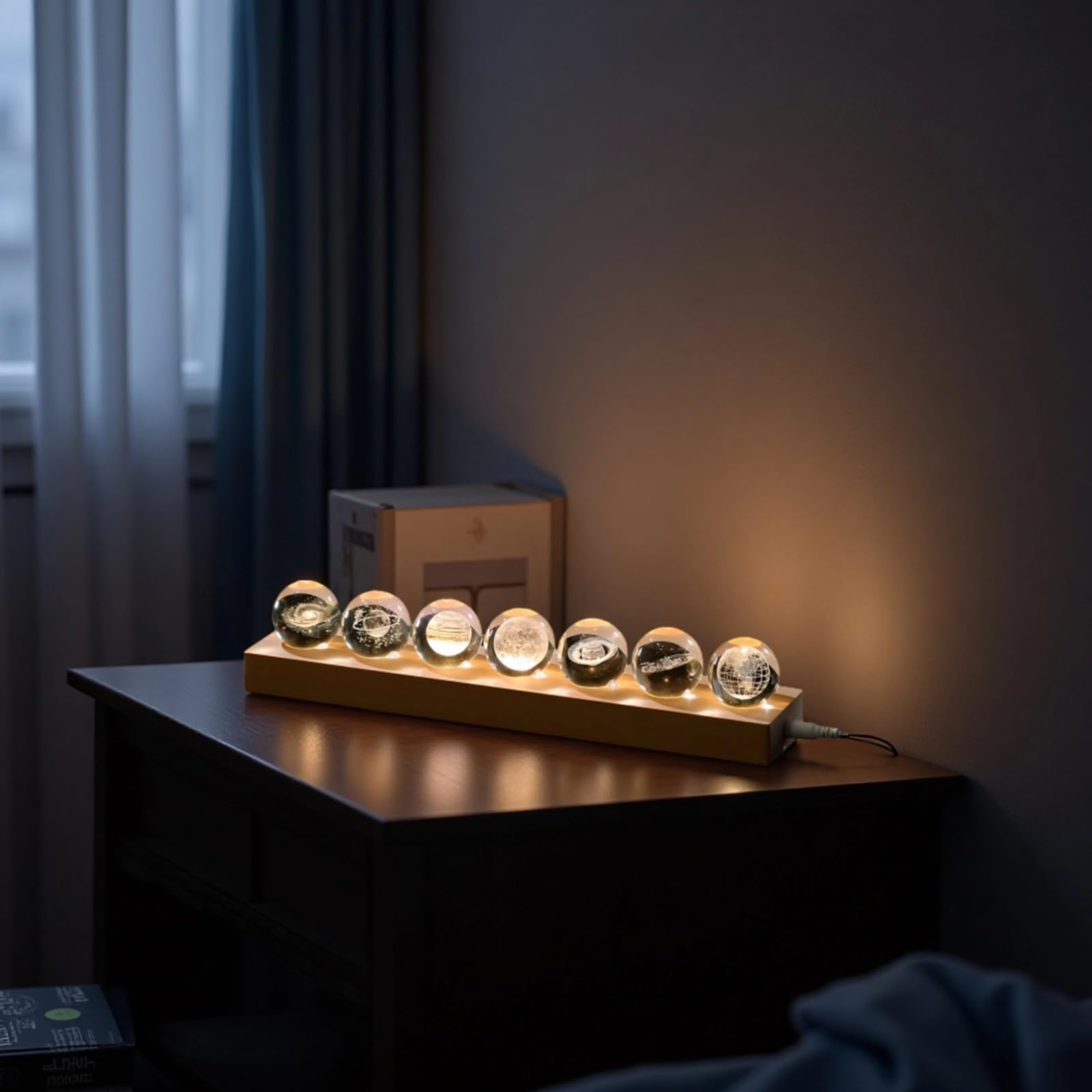 7 luces nocturnas de bola de cristal del sistema solar 3D, bola de cristal de cielo estrellado con base de madera, base de lámpara LED para adorno de escritorio, regalos de astronomía para los más