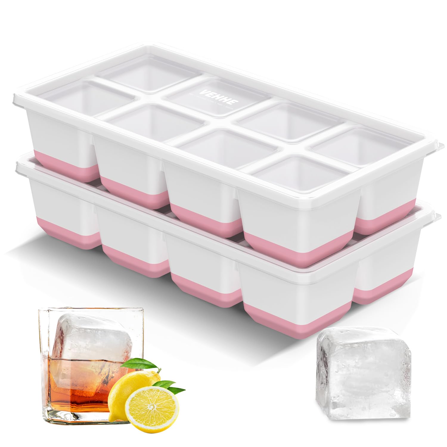 VEHHE Large Ice Cube Trays, 2 Pack Reusable Ice Cube Molds, Ice Cube Trays for Freezer with Lid, Easy Release Ice Tray for Drinks, Whiskey, Cocktails (Pink)