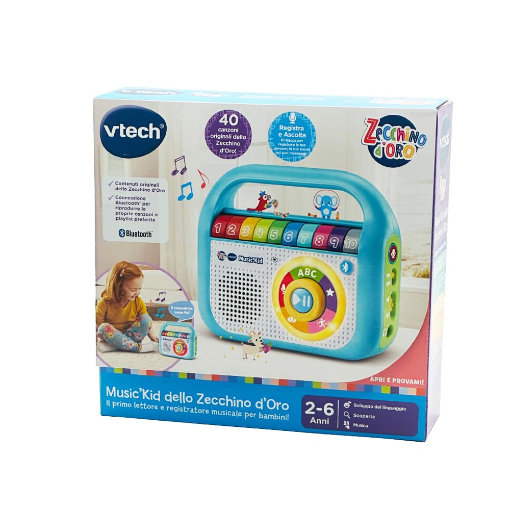 VTech Music'Kid ze złotą szynką, odtwarzacz MP3 dla dzieci z 40 oryginalnymi piosenkami ze złotego kleika, tryb nagrywania, odtwarzacz Bluetooth dla dzieci, język włoski, baterie w zestawie, 2-6 lat