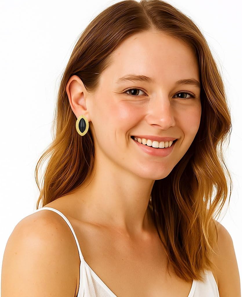 Chunky Earrings Vintage Black Oval Stud Black and 18K Gold Plated Statement Earrings for Women Non Tarnish Stainless Steel Jewelry - Image 2