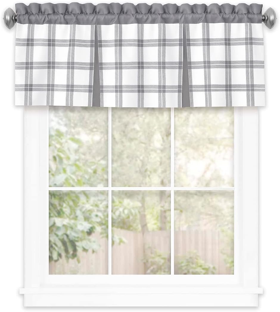 PowerSellerUSA Semi-Sheer Two-Tone Modern Kitchen Curtain with Classic Plaid Gingham Pattern with Solid Rod Pocket Top, 36" Tier Valance Set